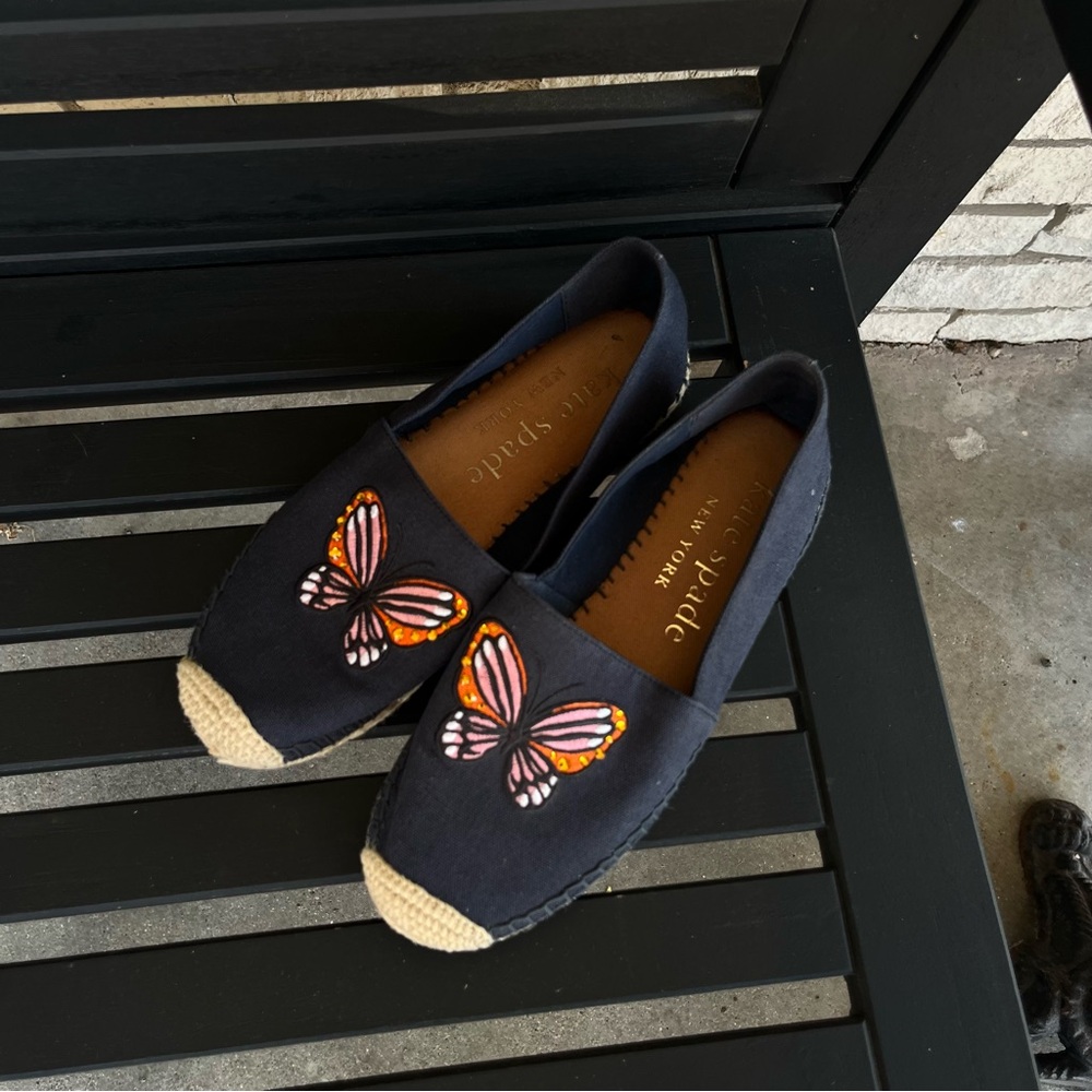 Kate Spade Navy Canvas Butterfly Aflutter Espadrille Slip Ons Size 6.5B